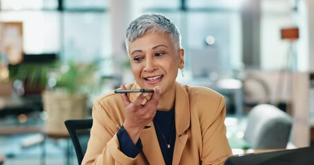 Poster - Mature, businesswoman and smartphone for voice note in schedule planning, strategy or speaking at office desk. Female manager, phone and creative talking by laptop for project research at workplace