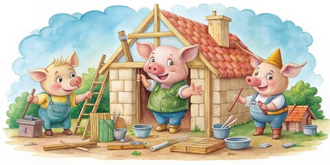 Fairytale series featuring three little pigs building houses out of different materials