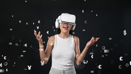 Beautiful woman wearing VR metaverse international currency exchange crypto symbol surround digital graphic floating money exchange valued financial technology bitcoin trading online. Hallucination.