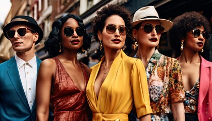 A stylish group of diverse individuals dressed in vibrant, fashionable outfits stand confidently in an urban setting. Their modern attire and confident poses highlight themes of fashion, diversity