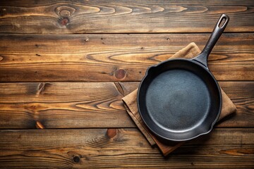 Empty cast iron skillet on a wooden table with a rustic wood background providing ample copy space, frying pan, home,cast iron skillet, vintage, cooking pan, cooking, copy space