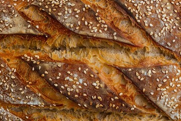 Top view close up shot of a freshly baked golden crust of a gluten free buckwheat  sourdough bread