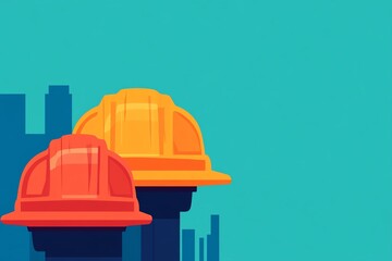 Wall Mural - Two hard hats in front of a city skyline, representing construction and safety.