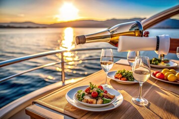 elegance, luxury yacht, gourmet, A medium shot of a luxurious dinner being served on a luxury yacht in the middle of the sea with a bottle of champagne wine being poured into two glasses