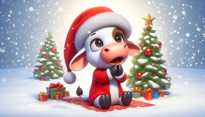 Sticker - Cute cow illustration, praying in snowy landscape, with Santa hat. Christmas Celebration Time