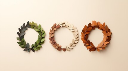 Decorative wreaths in green, beige, and brown hues on a neutral background, perfect for home decor and seasonal styling.