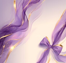 Abstract waves background with copy space. Trendy contemporary wavy art wallpaper. Golden, pink  and violet colors shining waves, lines and ribbon bow for card, wallperer, background 