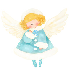 Wall Mural - Winter Angel in Cozy Blue Coat with Fluffy Trim, Adorable Christmas Illustration.