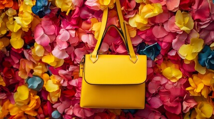 Canvas Print - A vibrant yellow handbag hangs against a colorful floral backdrop. This stylish accessory captures attention with its cheerful design. Ideal for fashion lovers. AI.