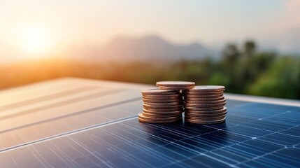 Solar panel investment symbolized by stacks of coins, reflecting renewable energy's financial benefits in a serene landscape.