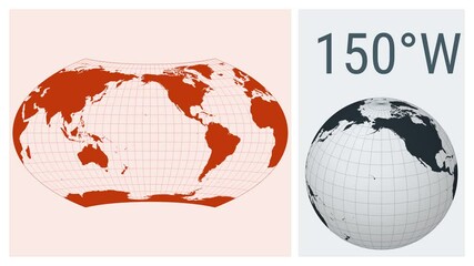 Poster - World Map Animation. Wagner projection. Solid color style. Animated world map in Wagner projection. Loopable animation showing longitude shift and matching globe.