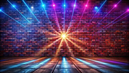 Empty brick wall background at night with neon light rays creating a celebratory atmosphere