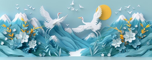 Serene landscape of two white cranes in a vibrant sunset scene with mountains