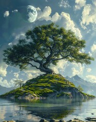 Ethereal landscape with a solitary tree on an island surrounded by serene water under a bright sky