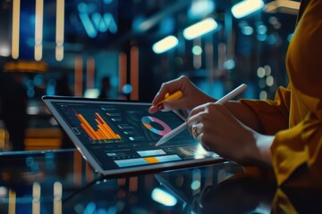 Poster - A close-up of a hand using a digital tablet to analyze graphs and data in a modern workspace with vibrant lighting.