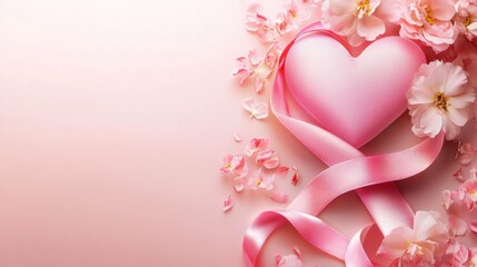 Wall Mural - Pink Heart with Ribbon and Flower Petals on a Pink Background