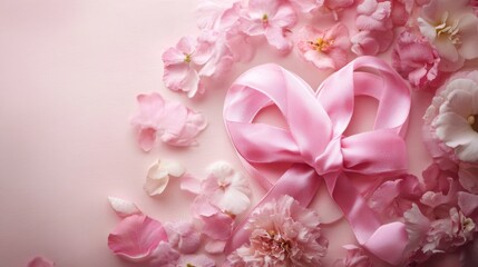 Wall Mural - Pink Flower Petals and Ribbon Bow on a Pink Background