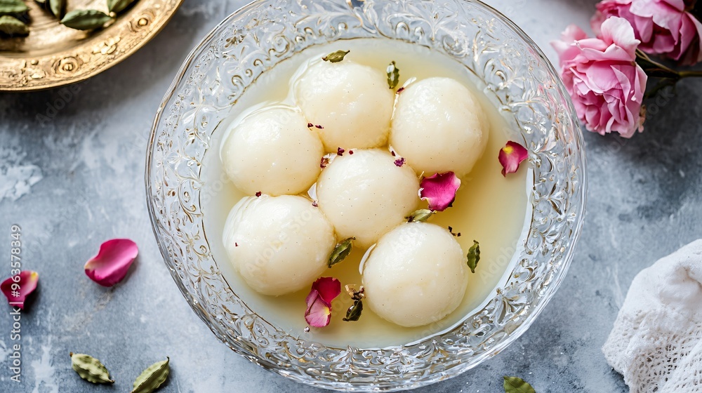 Flower Rasgulla Delicate rasgullas floating in a crystal bowl of sugar syrup, with rose ...
