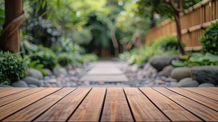 A serene garden pathway with wooden planks, surrounded by lush greenery and smooth stones, perfect for relaxation and nature walks.