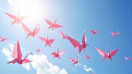 Wall Mural - Pink Origami Cranes Flying in a Blue Sky