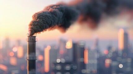 A smokestack releases dark smoke into the city skyline, highlighting industrial pollution at sunset with soft bokeh effects.