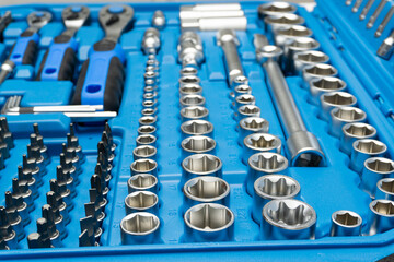 Socket wrench tool set close up