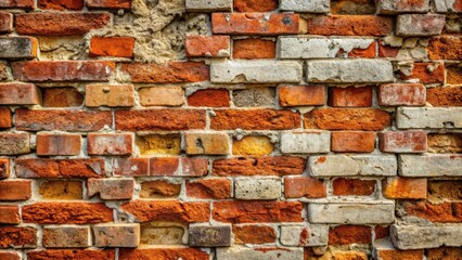 Wall Mural - Close-up shot of a weathered brick wall with rough texture and faded paint