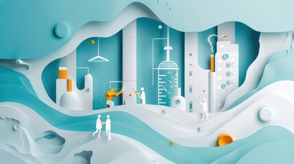 Abstract illustration of a scientific lab featuring modern equipment and researchers exploring innovative experiments.