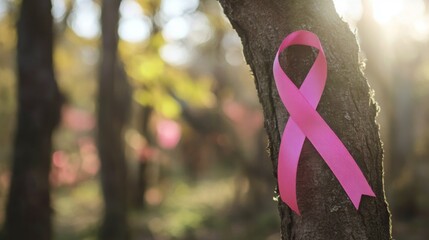 Wall Mural - Pink Ribbon Tied Around a Tree Trunk in a Forest