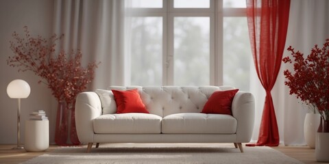 A floral white and red cloth window modern bright interior room with sofa.