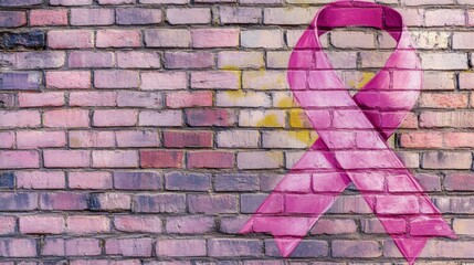 Wall Mural - Pink Ribbon Painted on Brick Wall