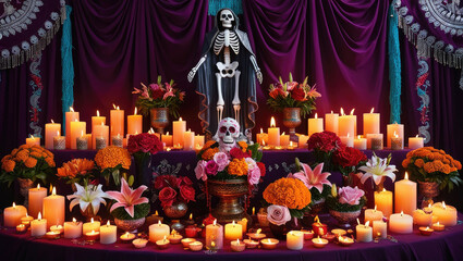 A colorful altar for Dia de los Muertos features candles, flowers, and a skeleton, creating a meaningful display