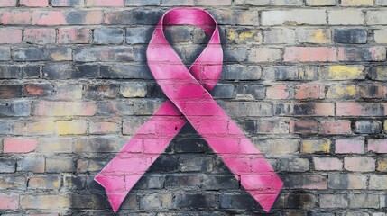 Wall Mural - Pink Ribbon Painted on a Brick Wall