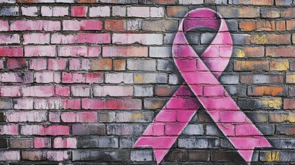 Wall Mural - Pink Ribbon Graffiti on Brick Wall