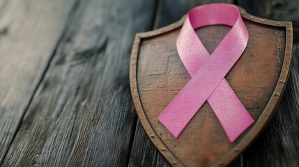 Wall Mural - Pink Ribbon on Wooden Shield for Breast Cancer Awareness