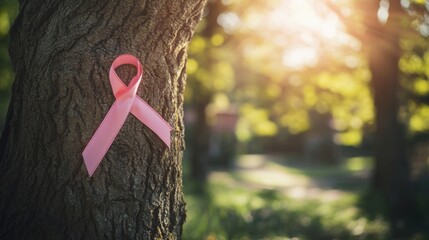 Wall Mural - Pink Ribbon Tied Around a Tree Trunk in a Forest