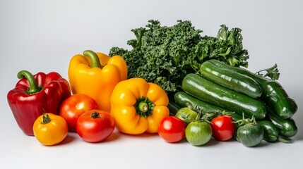 Poster - Vibrant and fresh vegetables displayed elegantly. The assortment includes bell peppers, tomatoes, kale, and cucumbers. Perfect for health-focused content and culinary inspiration. AI