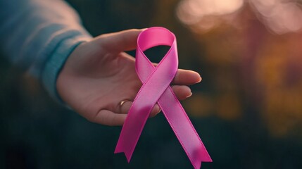 Wall Mural - A Hand Holding a Pink Ribbon Against a Blurry Background