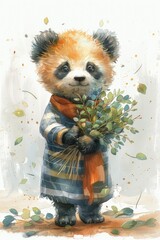 Watercolor drawing of a cartoon panda wearing a striped shirt holds a bunch of green flowers with a white background.