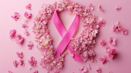 Poster - Pink Ribbon Surrounded by Delicate Pink Flowers