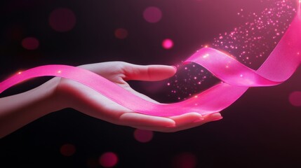 Wall Mural - A Hand Holding a Pink Ribbon with Glitter Effects