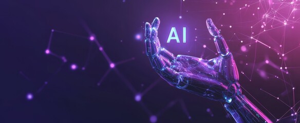 Poster - Futuristic AI robot hand holding glowing letters against purple background