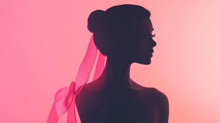 Wall Mural - Silhouette of a Woman with a Pink Ribbon in Her Hair