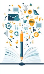 Poster - Creative inspiration and knowledge concept illustrated with open book, pencil, icons