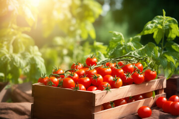 cherry tomatoes on branches fresh in wooden crate