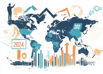 Aufkleber - Businessman analyzing world map with financial charts and graphs for 2024 goals