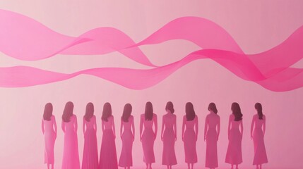 Wall Mural - Silhouettes of Women in Pink Dresses Against a Pink Background with Abstract Pink Waves