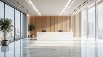 Modern Office Lobby with Marble Floor and Wooden Wall