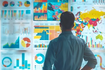 Wall Mural - Man looks at whiteboard with infographic, graph and chart analysis. Business intelligence, data statistics, key performance indicators (KPI) and analytics. Economic report in metric data