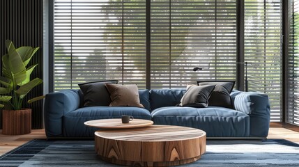 Canvas Print - Large, blue, and comfortable sofa in a modern living room with wooden table and black blinds on big windows